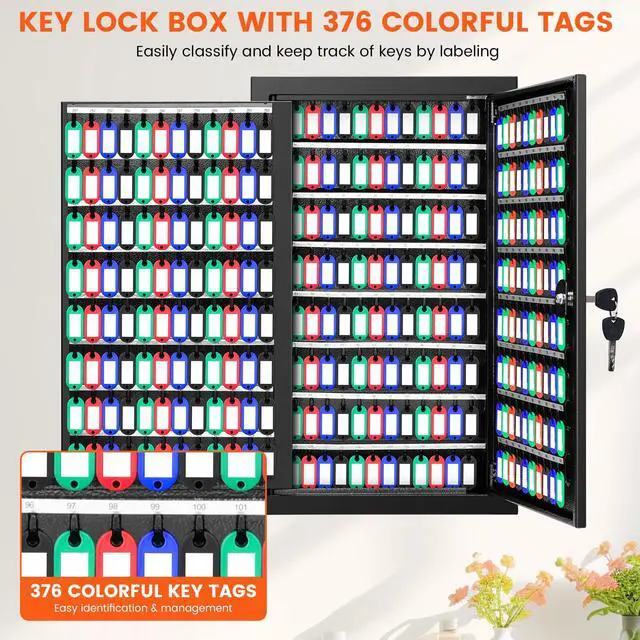 Alt view image 7 of 7 - 376 Keys Key Lock Box Wall Mount with 376 Numbered Hooks and 376 Colored Key Tags, Anti-Theft Key Cabinet with Key Return Drop Slot, Key Storage Box Key Organizer for Car Garage Home Office