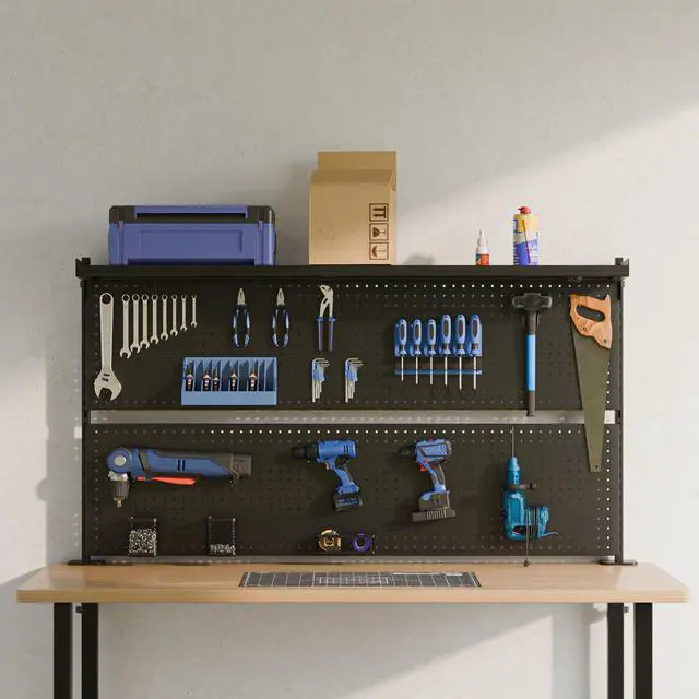 Alt view image 2 of 7 - Desk Pegboard Dual Monitor Stand 59x34 Black | Large steel pegboard with dual monitor stands, LED lighting, privacy panel and modular accessories for gaming desks