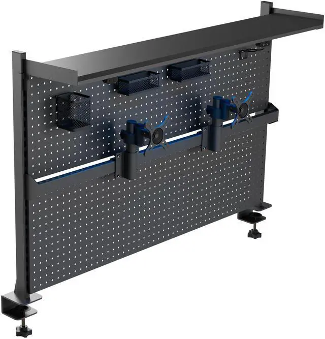 Main image of Desk Pegboard Dual Monitor Stand 59x34 Black | Large steel pegboard with dual monitor stands, LED lighting, privacy panel and modular accessories for gaming desks