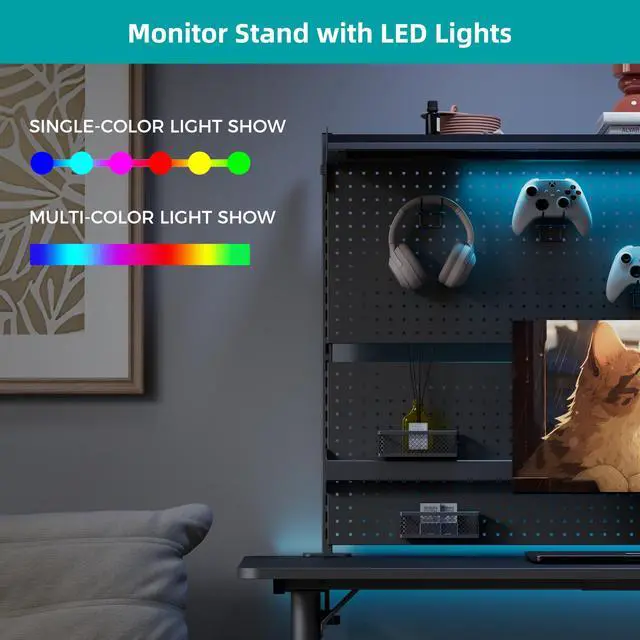 Alt view image 5 of 7 - Desk Pegboard Dual Monitor Stand 59x34 Black | Large steel pegboard with dual monitor stands, LED lighting, privacy panel and modular accessories for gaming desks