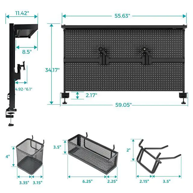 Alt view image 3 of 7 - Desk Pegboard Dual Monitor Stand 59x34 Black | Large steel pegboard with dual monitor stands, LED lighting, privacy panel and modular accessories for gaming desks