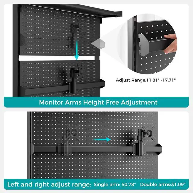Alt view image 4 of 7 - Desk Pegboard Dual Monitor Stand 59x34 Black | Large steel pegboard with dual monitor stands, LED lighting, privacy panel and modular accessories for gaming desks