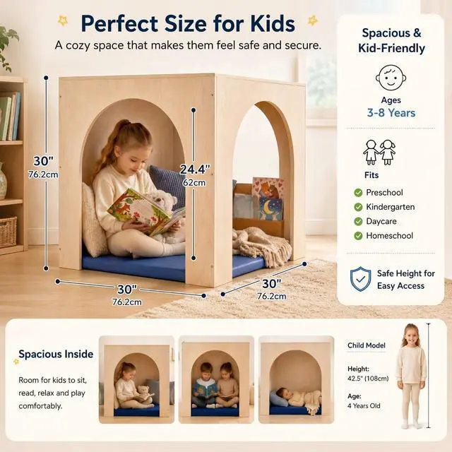 Alt view image 2 of 7 - Reading Cube Cozy Corner Set with Rest Mat Preschool Classroom Furniture Wooden Sensory Playhouse & Calming Corner Include 30 '' Natural Wood Nook Preschool Homeschool Daycare(Arch)