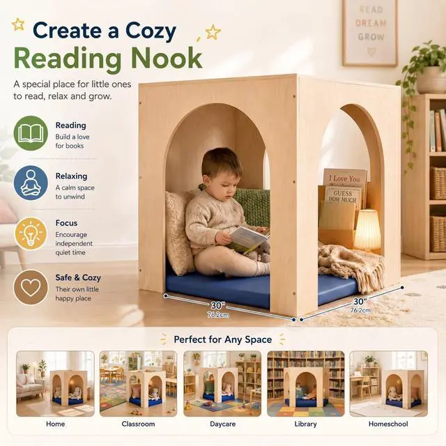 Alt view image 4 of 7 - Reading Cube Cozy Corner Set with Rest Mat Preschool Classroom Furniture Wooden Sensory Playhouse & Calming Corner Include 30 '' Natural Wood Nook Preschool Homeschool Daycare(Arch)