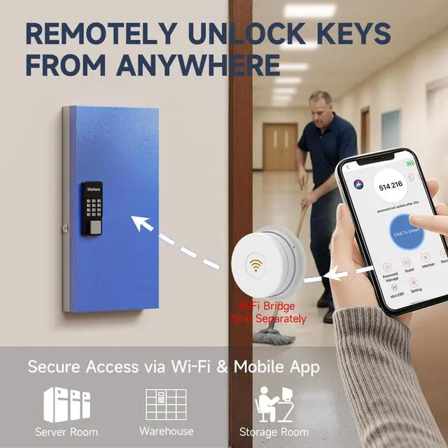 Alt view image 6 of 7 - 48-Key Smart Key Lock Box Wall-Mount, Key Cabinet with Key Management App(Track Key Borrow/Return), Keypad, Bluetooth & WiFi Unlock (Sold Separately) for Commercial, School, Rental, Office