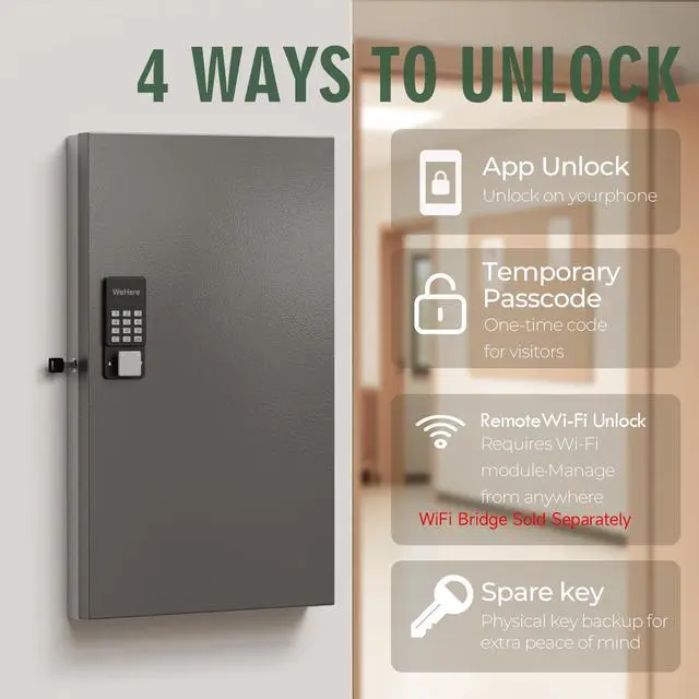 Alt view image 4 of 7 - 96-Key Smart Key Lock Box, Wall-Mount Key Cabinet with Key Management App(Track Key Borrow/Return), Keypad, Bluetooth & WiFi Unlock (Sold Separately) for Commercial, School, Rental, Office
