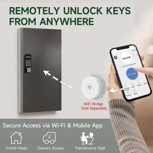 Alt view image 6 of 7 - 96-Key Smart Key Lock Box, Wall-Mount Key Cabinet with Key Management App(Track Key Borrow/Return), Keypad, Bluetooth & WiFi Unlock (Sold Separately) for Commercial, School, Rental, Office