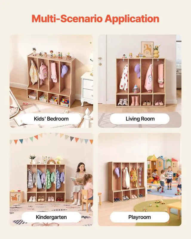 Alt view image 7 of 7 - 4-Section Coat Locker with Bench, Kids Lockers with 8 Hooks & Non-Slip Mat, Classroom Cubbies for Daycare, Home, Kindergarten- Natural