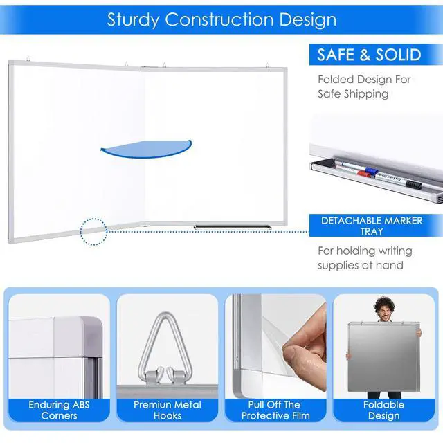 Alt view image 4 of 7 - White Board Dry Erase 60 x 36 Large Magnetic Whiteboard 5' X 3' Dry Erase Board Foldable with Long Marker Tray for Wall-Mounted Aluminum Memo Board Supplies for Class Office & Home