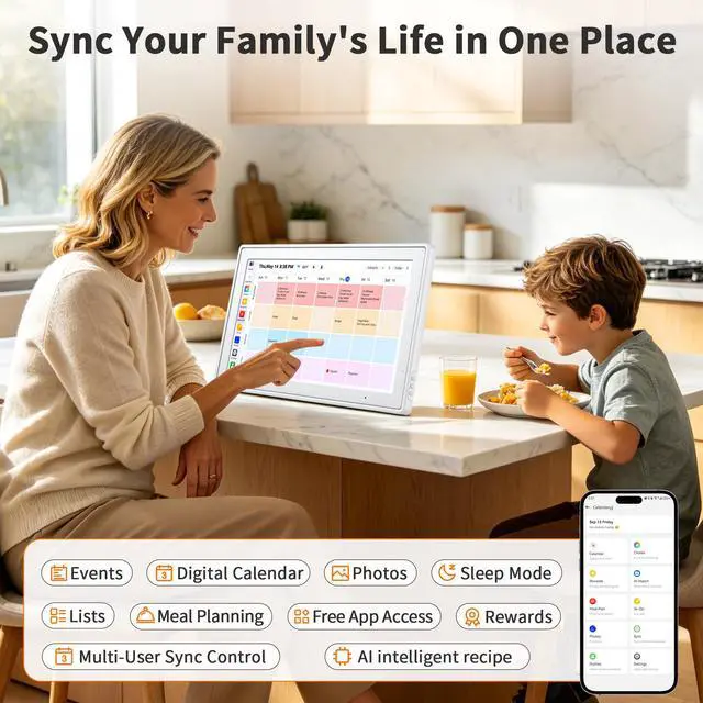 Alt view image 2 of 7 - 15.6 Inch Digital Calendar, Smart Touchscreen Wall Calendar Planner with Chore Chart, Electronic To-Do List, 32GB Meal Planner & Family Organizer Schedule Board, Photo Frame