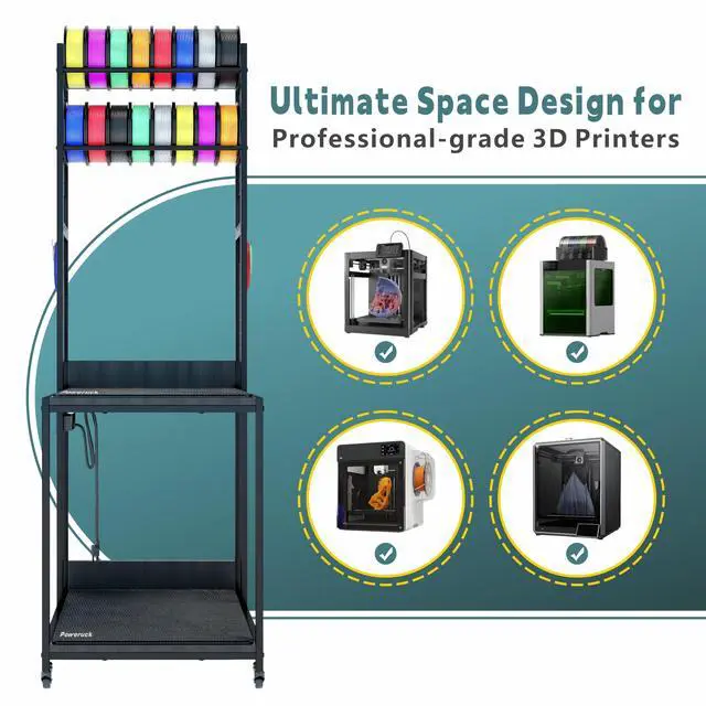 Alt view image 4 of 7 - Heavy Duty PRT22 3D Printer Stand with Power Hub, High Density Polymer Vibration Damping Pads, Elevated Storage & Locking Wheels for Most Large Printers