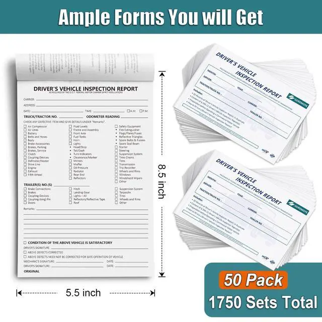 Alt view image 2 of 6 - Detailed Driver's Vehicle Inspection Report, Pre Trip Inspection Book | 50 Pack, 2-Ply Carbonless, 35 Sets of Forms per DVIR Log Book for Truck Drivers, 8.5" x 5.5"