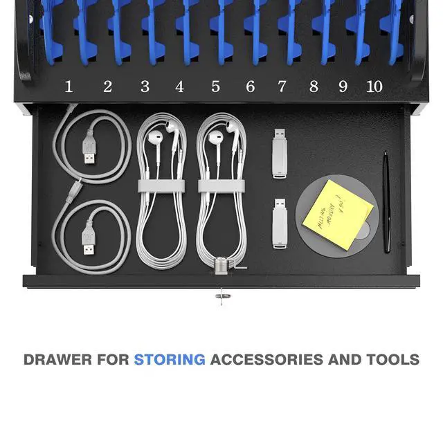 Alt view image 7 of 7 - 10-Device Open Charging Station for Chromebooks, iPads & Tablets | Heavy-Duty Steel Charging Rack with Lockable Storage Drawer, Multi-Device Charging Organizer for School, Office, Hospital