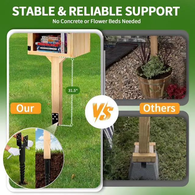 Alt view image 2 of 7 - Little Library Mount, Waterproof 4x4x31.5" Wood Post, Post Bracket, No-Dig Ground Anchor, Easy Installation for Outdoor Use, Ideal for Community Sharing, Support All Sizes of Little Libraries