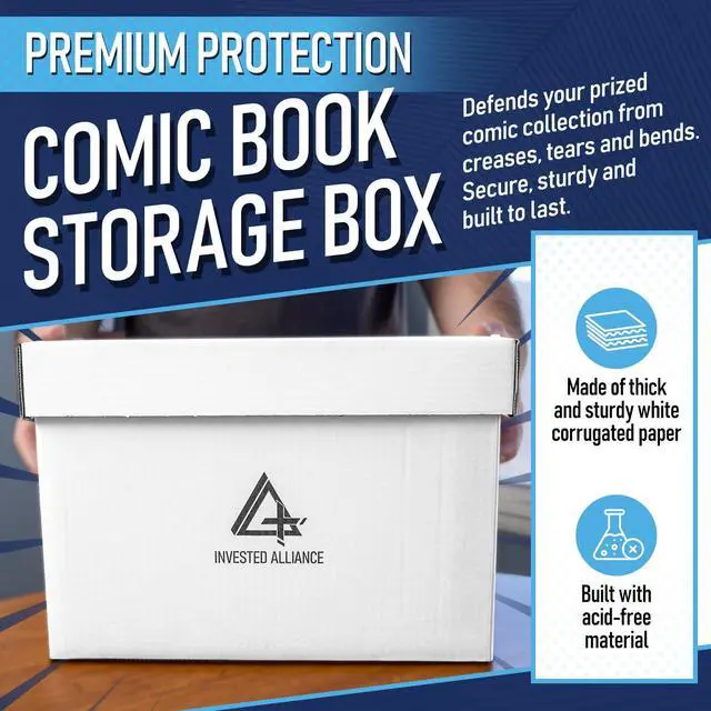 Alt view image 2 of 7 - Premium Short Comic Book Storage Box Organizer with Lid | Thick Cardboard Comic Storage Box For Collectibles Fits 150-175 Current/Silver Age, Heavy Duty & Stackable