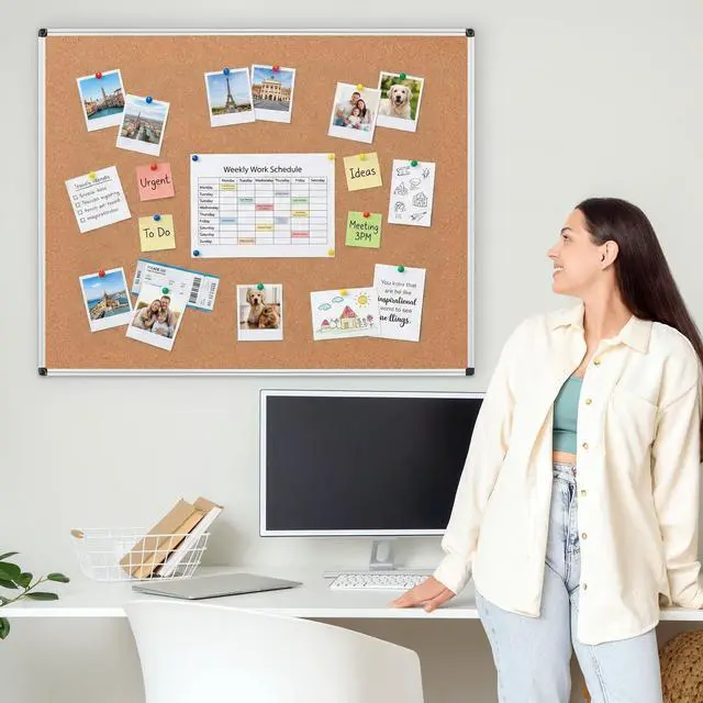 Alt view image 3 of 7 - Large Cork Bulletin Board 48" X 48", Silver Aluminum Framed Corkboard for Wall, Wall Mounted Notice Pin Board with Push Pins for School, Home & Office - 4' x 4' Corkboard