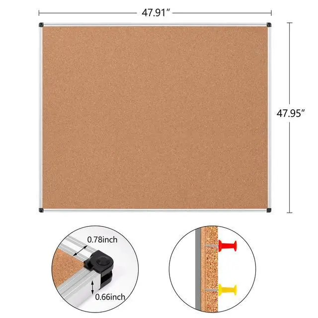Alt view image 6 of 7 - Large Cork Bulletin Board 48" X 48", Silver Aluminum Framed Corkboard for Wall, Wall Mounted Notice Pin Board with Push Pins for School, Home & Office - 4' x 4' Corkboard