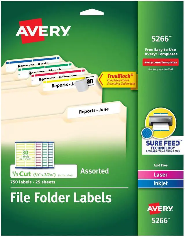 Main image of TrueBlock File Folder Labels, 2/3" x 3-7/16", Assorted Colors, 10 Packs, 7,500 Printable Labels (5266)