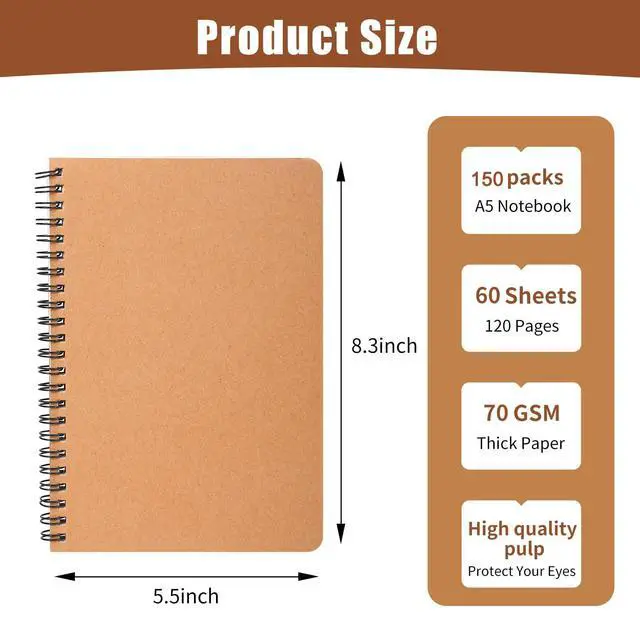 Alt view image 2 of 7 - 150 Packs A5 Spiral Notebooks, 8.0"×5.6", 60 Sheets/120 Pages, Hardcover Lined Journal Notepad Travel Notebooks for Office and Back to School Supplies
