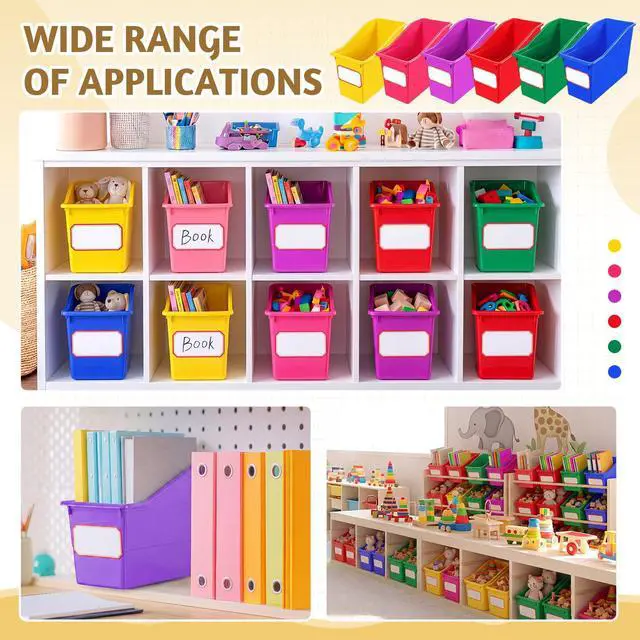 Alt view image 5 of 6 - 36 Pcs Book Bins Bulk for Classroom Storage Plastic Magazine Holder with Label Interlocking File Folder Organizer Binder Container Box for School Office Desktop Bookshelf Home (Rainbow Bright)