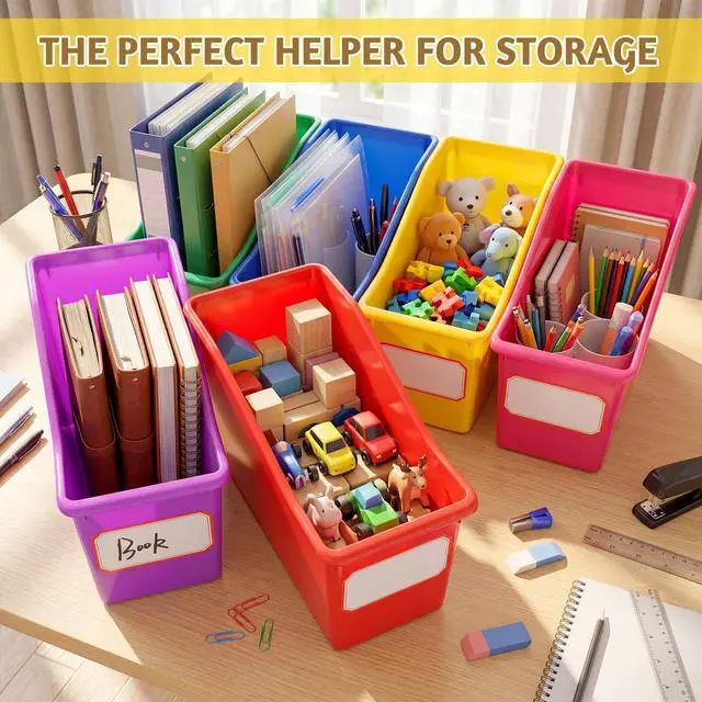 Alt view image 6 of 6 - 36 Pcs Book Bins Bulk for Classroom Storage Plastic Magazine Holder with Label Interlocking File Folder Organizer Binder Container Box for School Office Desktop Bookshelf Home (Rainbow Bright)