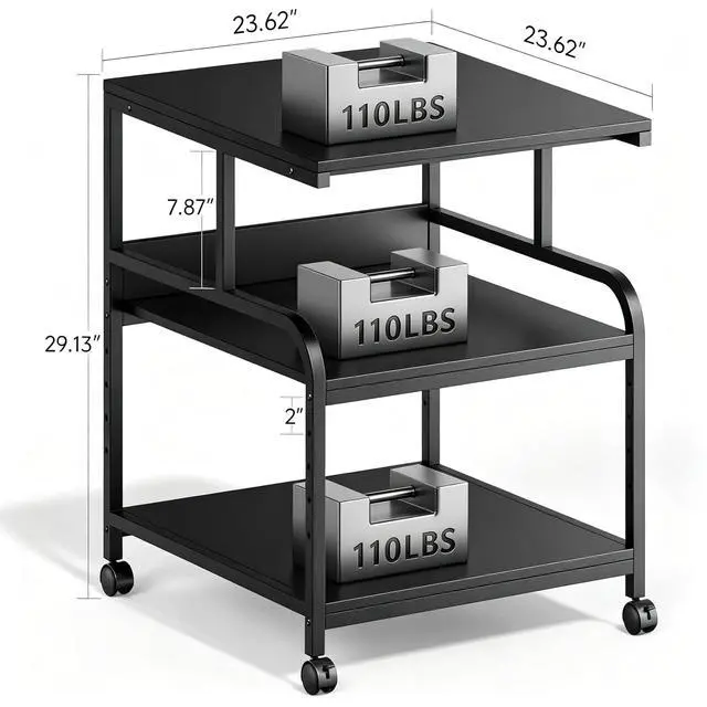 Alt view image 2 of 7 - Printer Stand, 24''×24''×29'' Large Printer Table for Home Office with Locking Casters, Sturdy 3-Tier Rolling Cart with Adjustable Shelf, Mini Fridge Stand, Home Office Essentials, Black