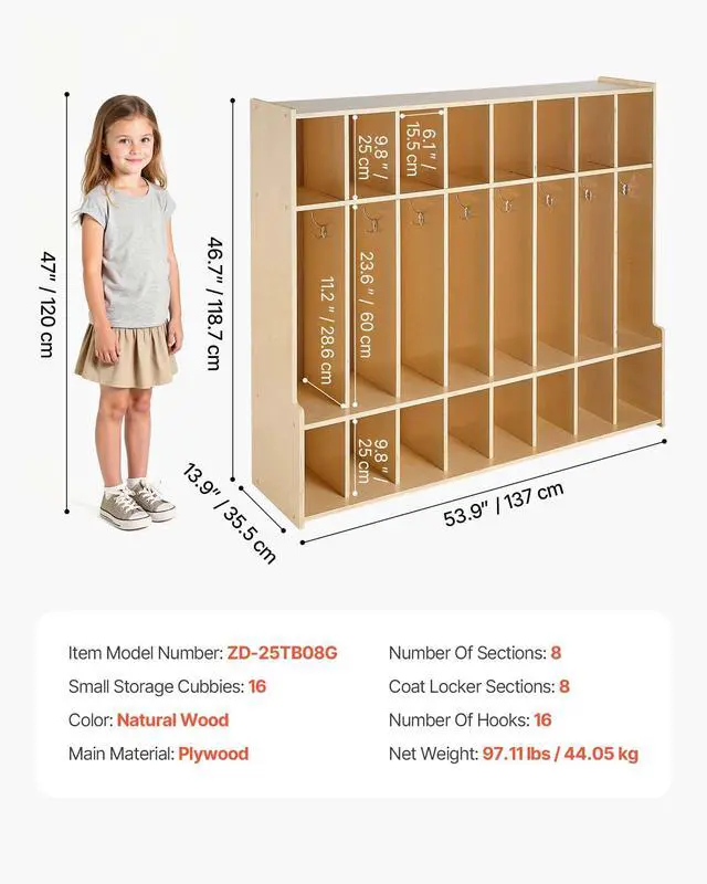 Alt view image 2 of 7 - 8-Section Coat Locker with Bench, Kids Lockers with 16 Hooks & Non-Slip Mat, Classroom Cubbies for Daycare, Home, Kindergarten- Natural