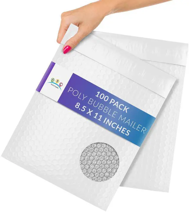 Main image of Poly Bubble Mailers, 8.5 x 11 Inch White Padded Mailers, Self Seal Shipping Envelopes, Lightweight Poly Mailer Bags, Waterproof Mailing Bags, Pack of 100