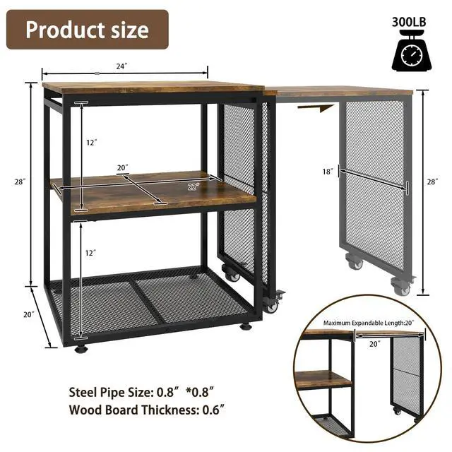 Alt view image 6 of 7 - 24''x20'' Large Printer Stand,Extendable Home Craft Table,Retro | Home Office Organization Desk,Pull Out Table for Large Work Station, for Home Office, Kitchen, Study Room, Living Room