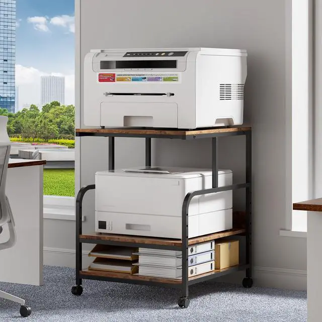 Main image of 24x24 inches Printer Stand with Adjustable Storage Shelf - Large Printer Table with Wheels - 3 Tier Rolling Cart - Use for 3D Laser Printer Mini Fridge Home Office (Brown)