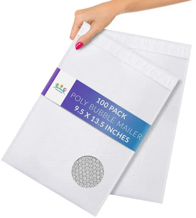 Main image of Poly Bubble Mailers, 9.5 x 13.5 Inch White Padded Mailers, Self Seal Shipping Envelopes, Lightweight Poly Mailer Bags, Waterproof Mailing Bags, Pack of 100