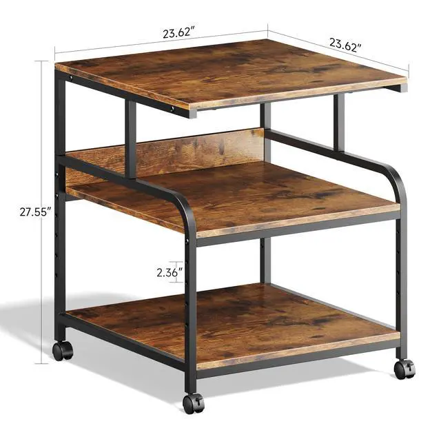 Alt view image 3 of 7 - 24x24 inches Printer Stand with Adjustable Storage Shelf - Large Printer Table with Wheels - 3 Tier Rolling Cart - Use for 3D Laser Printer Mini Fridge Home Office (Brown)