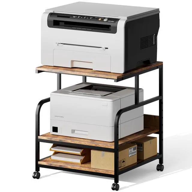 Alt view image 4 of 7 - 24x24 inches Printer Stand with Adjustable Storage Shelf - Large Printer Table with Wheels - 3 Tier Rolling Cart - Use for 3D Laser Printer Mini Fridge Home Office (Brown)