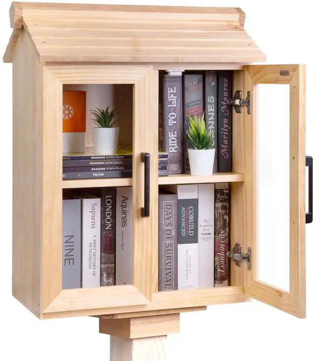 Main image of Little Free Library Box Outdoor Kit with Mount, Waterproof Pine Neighborhood Lending Library, 2-Tier Book Exchange Box, 2 Acrylic Doors (21×11×26 in)