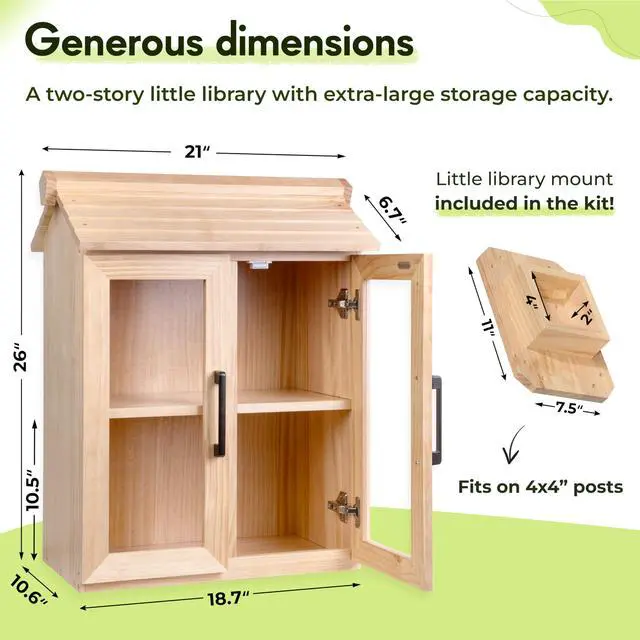 Alt view image 3 of 7 - Little Free Library Box Outdoor Kit with Mount, Waterproof Pine Neighborhood Lending Library, 2-Tier Book Exchange Box, 2 Acrylic Doors (21×11×26 in)