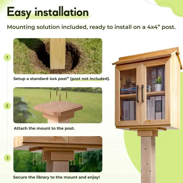 Alt view image 6 of 7 - Little Free Library Box Outdoor Kit with Mount, Waterproof Pine Neighborhood Lending Library, 2-Tier Book Exchange Box, 2 Acrylic Doors (21×11×26 in)