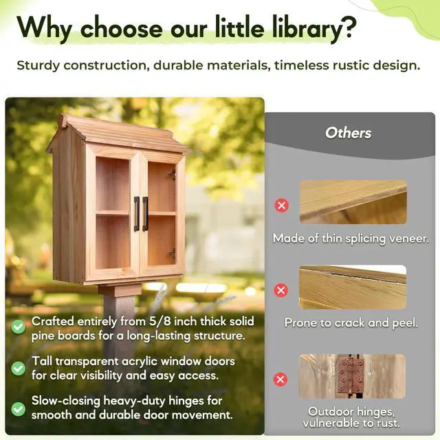 Alt view image 5 of 7 - Little Free Library Box Outdoor Kit with Mount, Waterproof Pine Neighborhood Lending Library, 2-Tier Book Exchange Box, 2 Acrylic Doors (21×11×26 in)