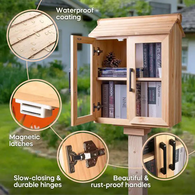 Alt view image 4 of 7 - Little Free Library Box Outdoor Kit with Mount, Waterproof Pine Neighborhood Lending Library, 2-Tier Book Exchange Box, 2 Acrylic Doors (21×11×26 in)