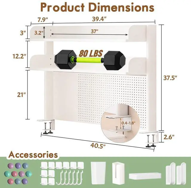 Alt view image 2 of 6 - Clamp On Desk Shelf Organizer with Pegboard Desk Hutch Dorm with Storage Bookshelf Desk Top Organizer Shelf Multi-Purpose White & Black Desktop Shelves & Office Shelves(White, W - 39.4")