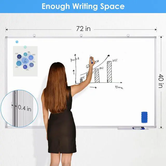 Alt view image 2 of 7 - Dry Erase Board 72 x 40 Inch, Large Magnetic White Board for Wall, Aluminum Frame Erase Board Presentation Wall-Mounted Marker Board with a Long Pen Tray for Classroom, Office & Home