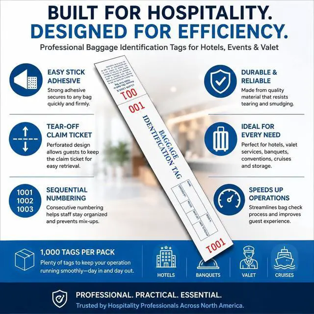 Alt view image 2 of 7 - Hotel Luggage Claim Tags with Easy Stick Adhesive, Tear-Off Claim Ticket & Sequential Numbering Disposable Bag Tags for Hotels, Valet & Guest Storage 1,000 Pack