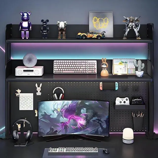 Alt view image 6 of 7 - Clamp On Desk Pegboard Shelf - Metal Desktop Organizer Hutch with 2 Shelves for Storage and Display, Desk Add-On Shelf for Office, Dorm, or Computer Monitor Stand, Black (39.3")