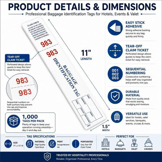 Alt view image 6 of 7 - Hotel Luggage Claim Tags with Easy Stick Adhesive, Tear-Off Claim Ticket & Sequential Numbering Disposable Bag Tags for Hotels, Valet & Guest Storage 1,000 Pack