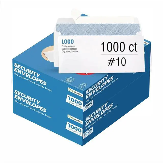 Main image of 1000#10 Custom Printed Security Tinted Envelopes Letter Size Self Seal, Windowless Mailing Envelopes, Personalized with Logo and Address, Size 4-1/8 X 9-1/2", 24 LB Plain White