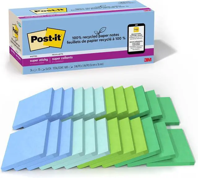 Main image of 100% Recycled Paper Super Sticky Notes, 3 in. x 3 in., 24 Pads, 70 Sheets per Pad, Oasis Collection, School Supplies and Office Products (Pack of 8)