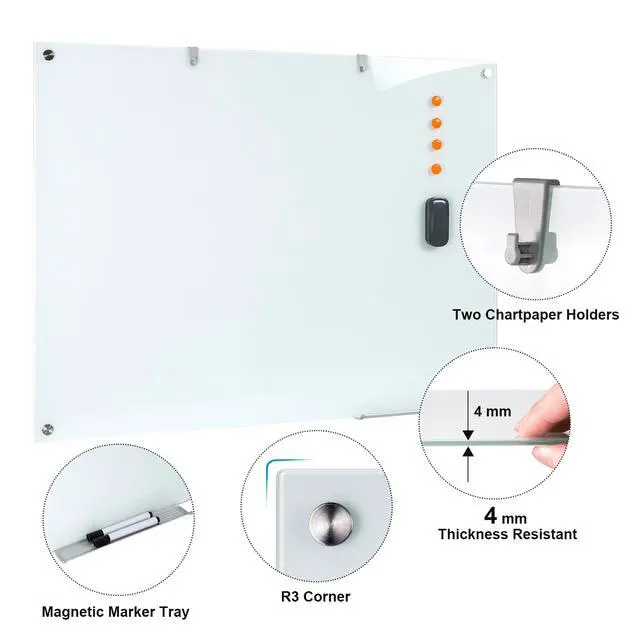 Alt view image 2 of 7 - Glass Dry Erase Board, 48 x 36 Inches Magnetic Glass Whiteboard | Frameless Glass Board, Wall Mount, 4' x 3', Frameless, For Office, Home, School