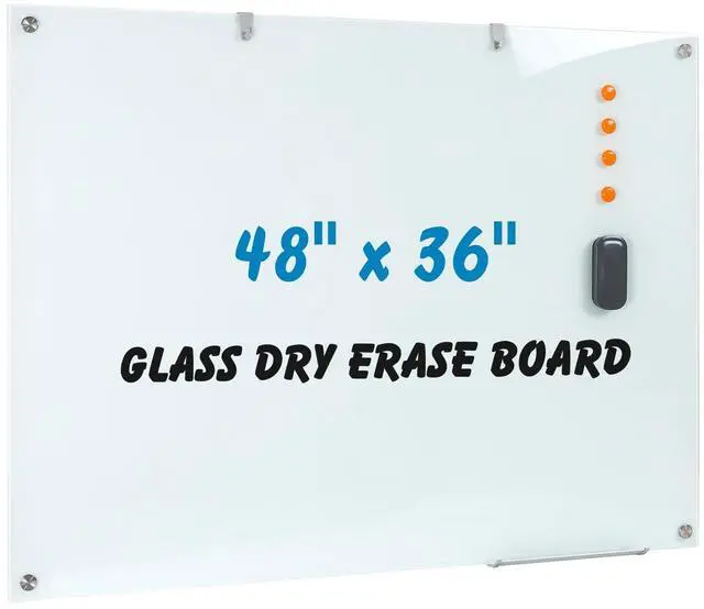 Main image of Glass Dry Erase Board, 48 x 36 Inches Magnetic Glass Whiteboard | Frameless Glass Board, Wall Mount, 4' x 3', Frameless, For Office, Home, School