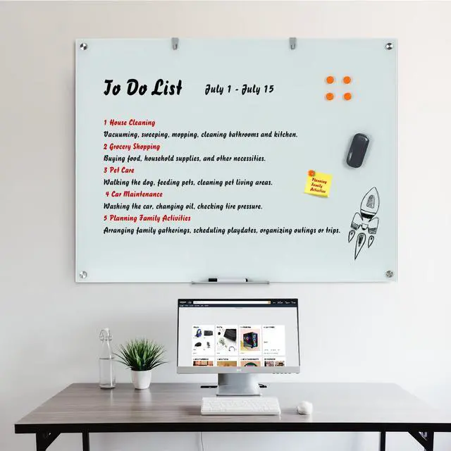 Alt view image 6 of 7 - Glass Dry Erase Board, 48 x 36 Inches Magnetic Glass Whiteboard | Frameless Glass Board, Wall Mount, 4' x 3', Frameless, For Office, Home, School