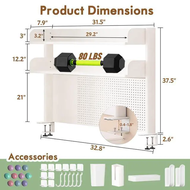 Alt view image 2 of 6 - Clamp On Desk Shelf Organizer with Pegboard Desk Hutch Dorm with Storage Bookshelf Desk Top Organizer Shelf Multi-Purpose White & Black Desktop Shelves & Office Shelves (White, W - 31.5")