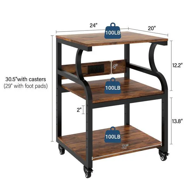 Alt view image 2 of 7 - 3 Tier Large Printer Stand, 24"x20", with Charging Station,Retro | Printer Table with Adjustable Shelf & Industrial Wheels for Home Office,1''x1'' Thick Steel Tube,Heavy Duty,Supports 300lbs